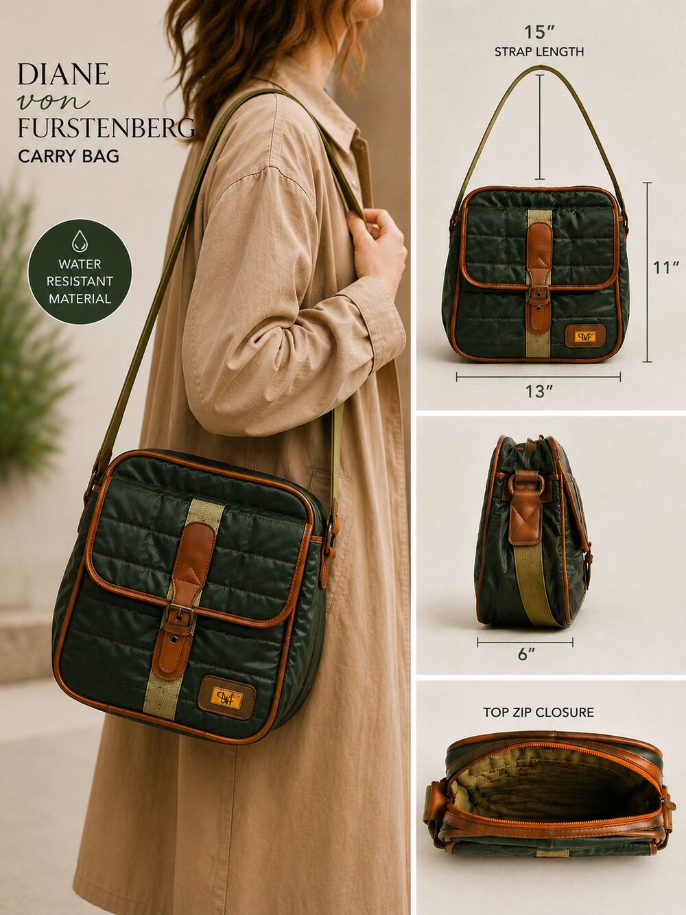 DVF Diane Von Furstenberg Forest Green Carry Bag Brown Trim Zip Top Tote